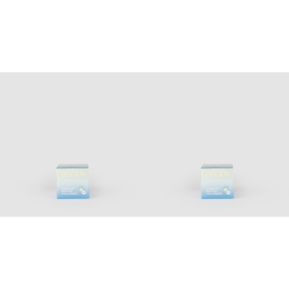 Deux emballages carrés de poudre de collagène BBODY Matcha. Emballages dégradés vert clair et bleu. Inscription : Premium Matcha Collagen.