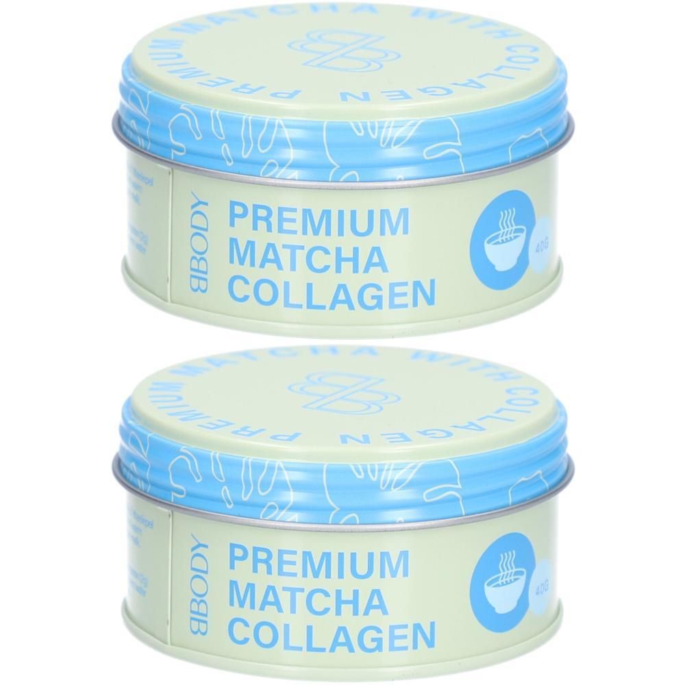 Deux boîtes rondes de poudre de collagène BBODY Matcha. Boîtes vert clair avec couvercles bleus. Inscription : Premium Matcha Collagen.
