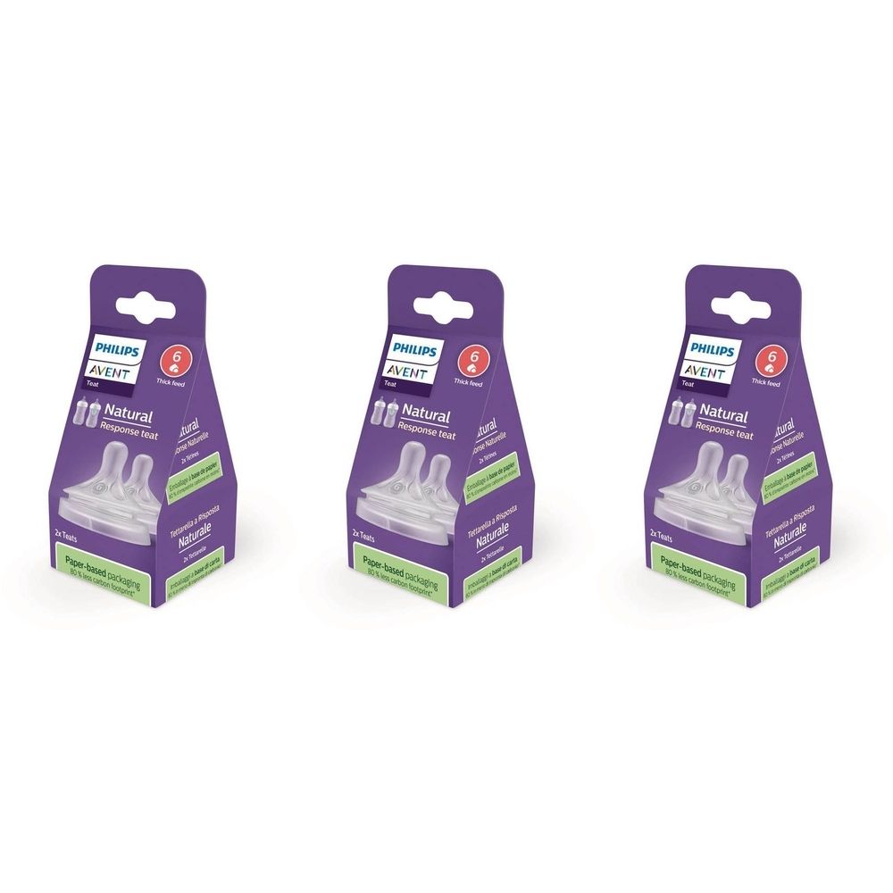 Trois emballages de tétines PHILIPS AVENT Natural Response. Chaque emballage contient deux tétines. Tétines transparentes dans un emballage en carton.