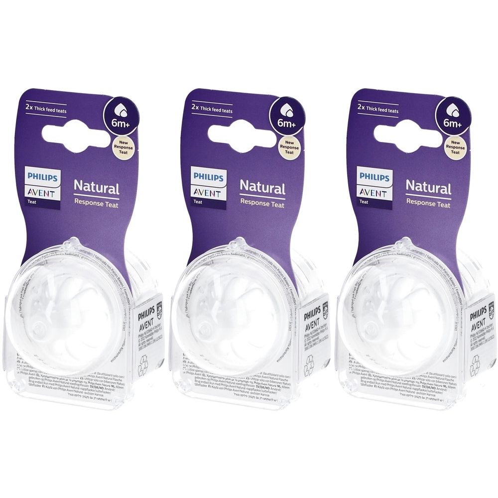 Trois emballages de tétines PHILIPS AVENT Natural Response. Chaque emballage contient deux tétines. Tétines transparentes dans un emballage plastique.