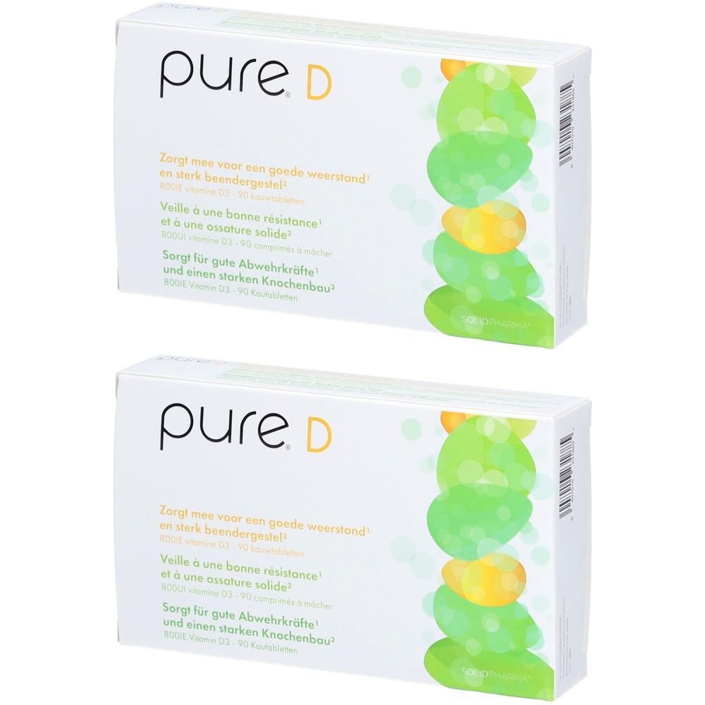 Deux boîtes blanches avec logo "pure. D" et texte. Illustration verte et jaune. Texte en allemand, français et néerlandais.
