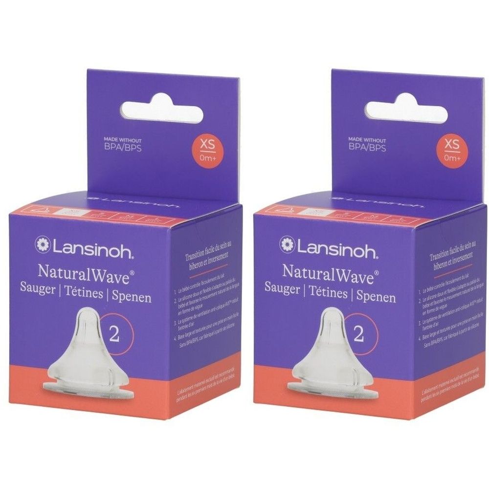 Deux boîtes de LANSINOH® NaturalWave® Tétines XS. Emballage violet avec nom et logo du produit. Sans BPA/BPS. 2 tétines par boîte.