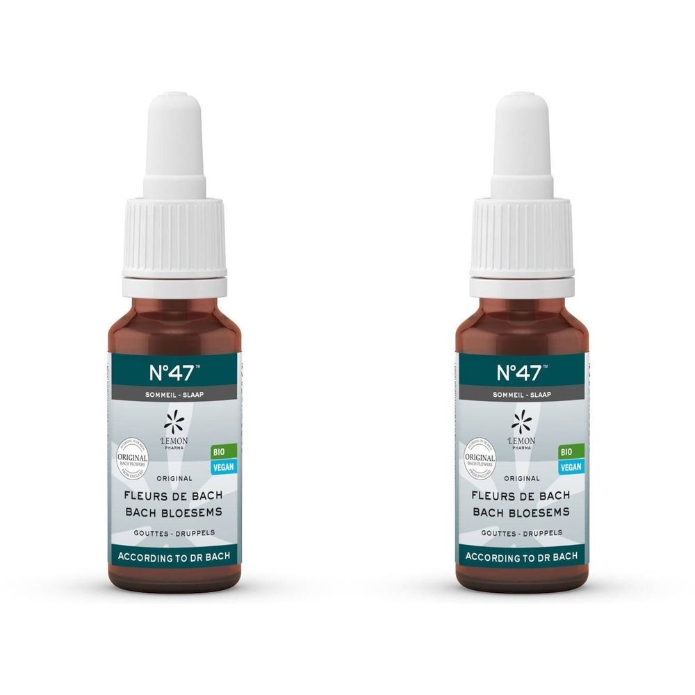 Deux flacons en verre brun avec bouchons blancs. Inscription: N°47, Fleurs de Bach, Bach Bloesems. Avec compte-gouttes.
