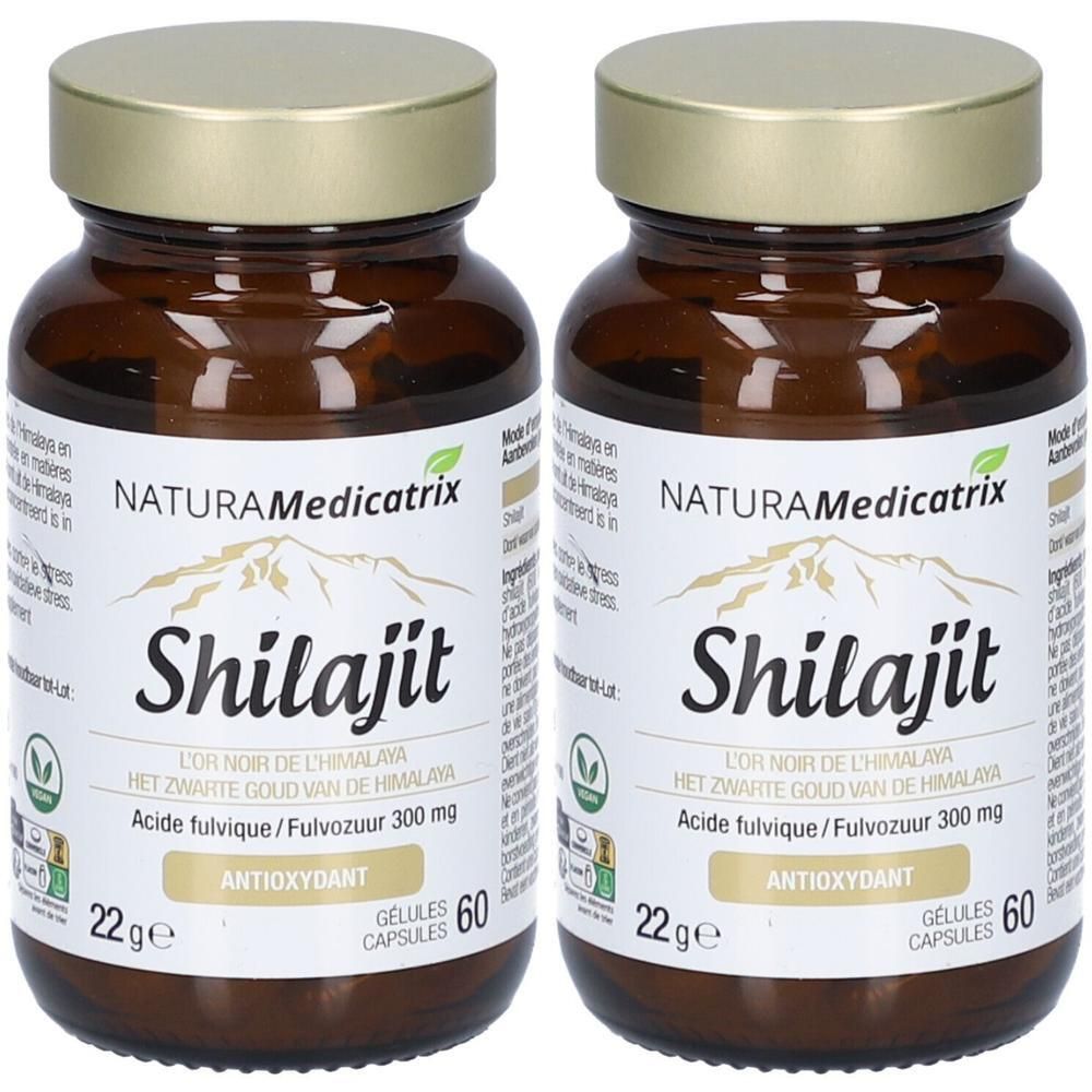 Deux flacons de gélules de Shilajit. Flacons en verre brun avec bouchons dorés. Étiquette avec nom du produit, ingrédients et logo.