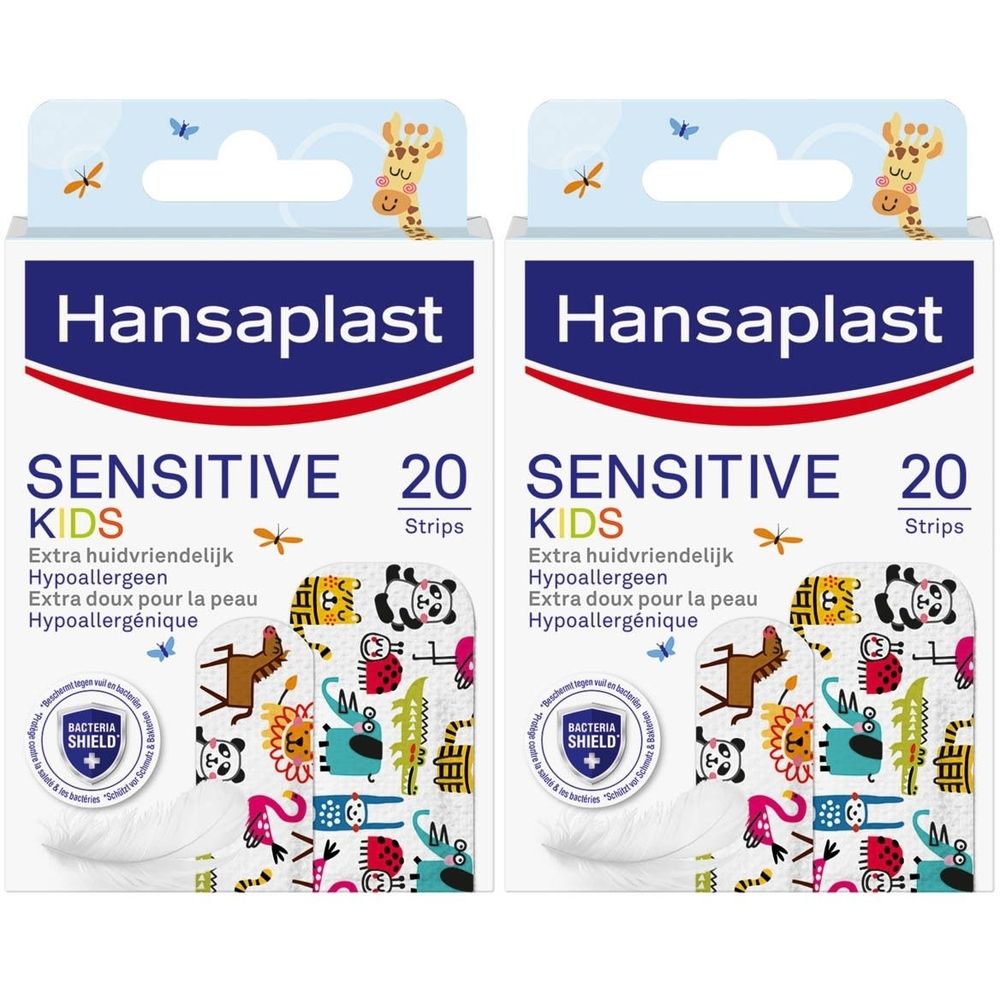 Deux boîtes de pansements Hansaplast SENSITIVE Kids. Emballage blanc avec nom du produit et motifs animaux. 20 pansements.