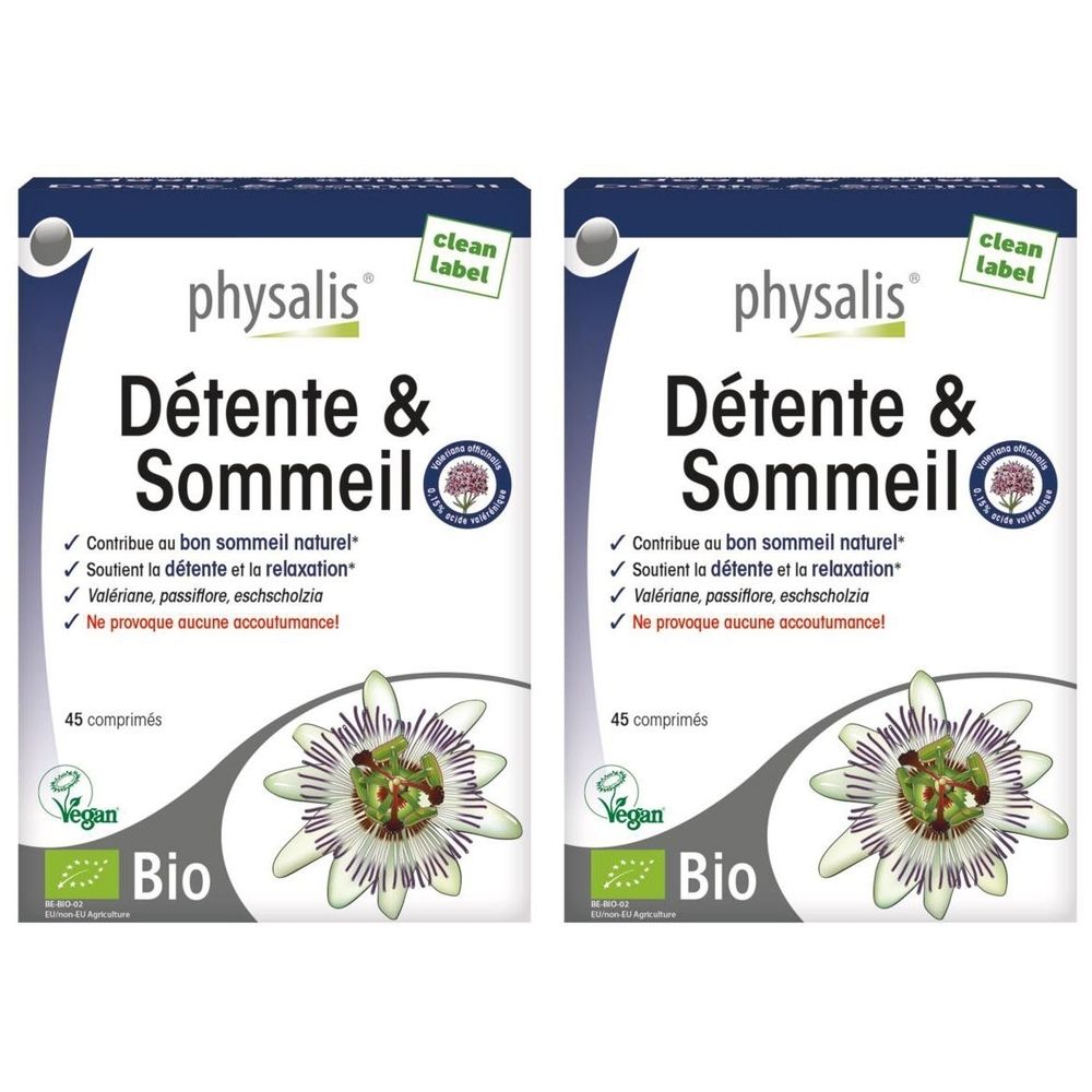 Deux boîtes de comprimés "physalis Détente & Sommeil". Emballage bleu et blanc avec logo, texte et motif floral. Labels Vegan et Bio.