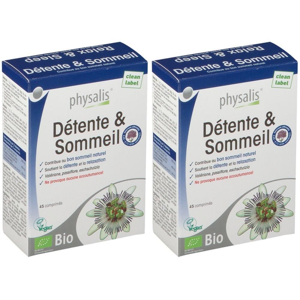 Deux boîtes de comprimés "physalis Détente & Sommeil". Emballage bleu et blanc avec logo, texte et motif floral. Labels Vegan et Bio.