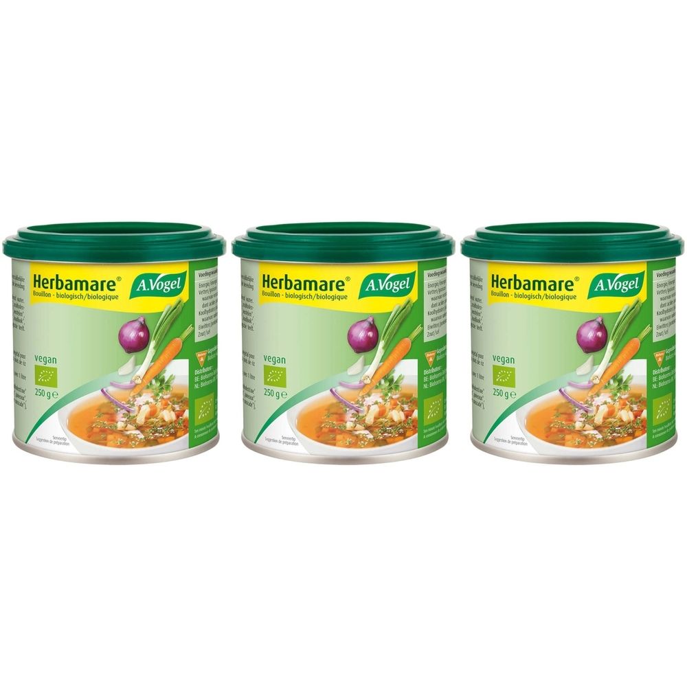 Trois boîtes avec couvercle vert. Inscription Herbamare A.Vogel. Illustration de légumes et de soupe. Logo végétalien. Certification biologique.