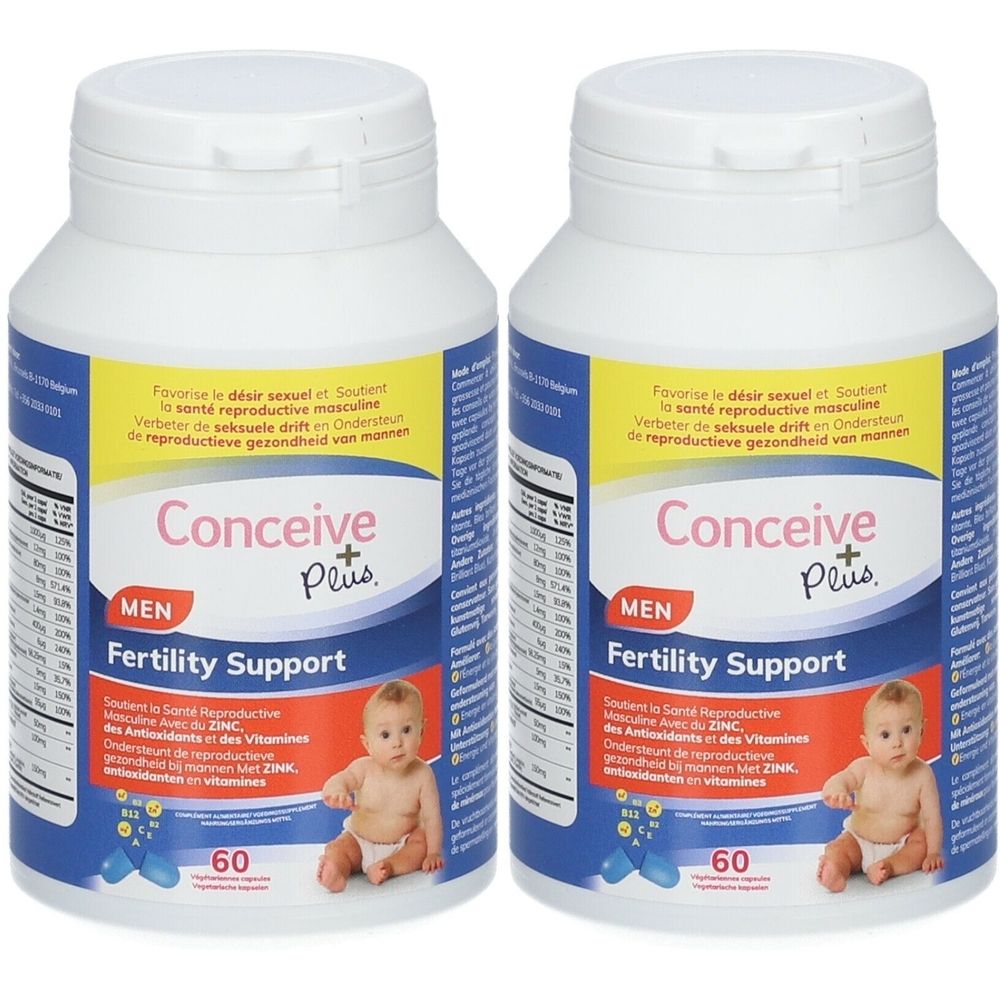 Deux flacons de Conceive Plus Men Fertility Support. Flacons blancs avec étiquettes bleues et jaunes. Inscription: 60 capsules.
