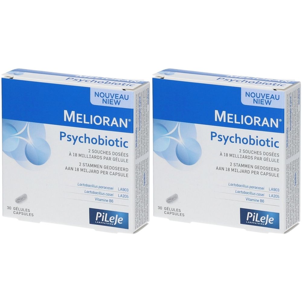 Deux boîtes de Melioran Psychobiotic. Emballage bleu et blanc avec informations et logo.