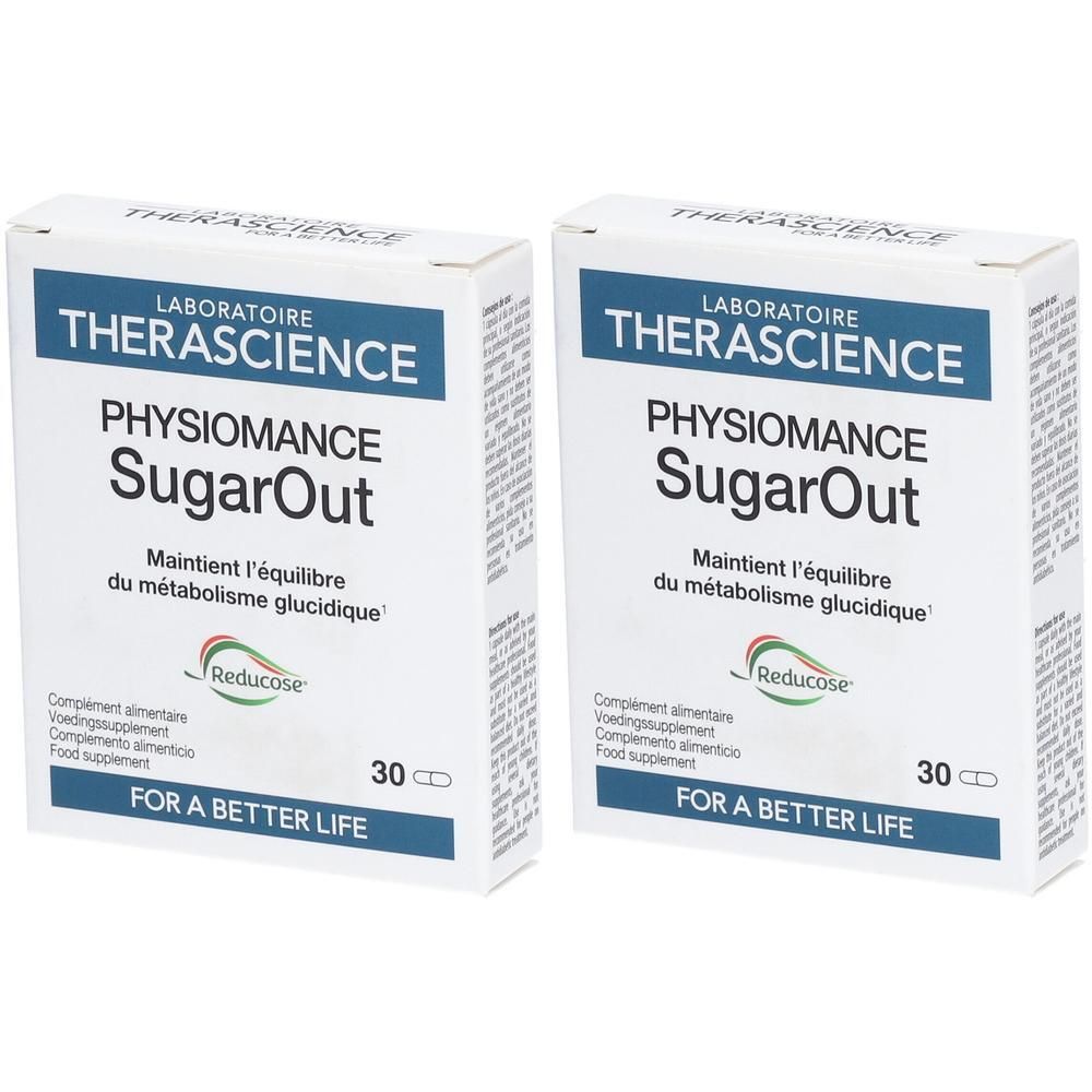 Deux boîtes blanches avec texte bleu. Inscription: Laboratoire Therascience, Physiomance SugarOut. 30 gélules. Pour une vie meilleure.