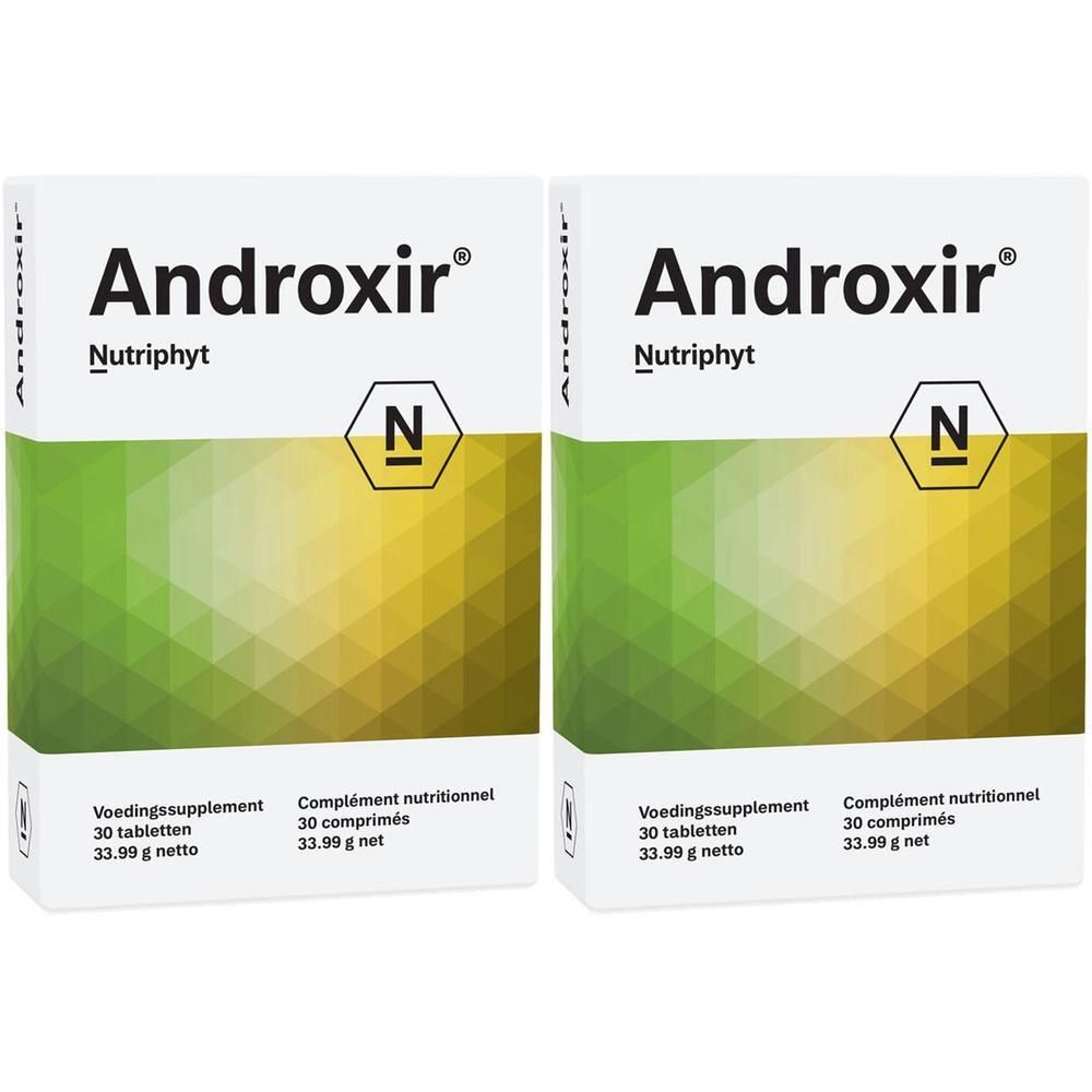 Deux boîtes Androxir. Inscription: Nutriphyt, 30 comprimés, 33.99 g net. Motif géométrique vert-jaune.