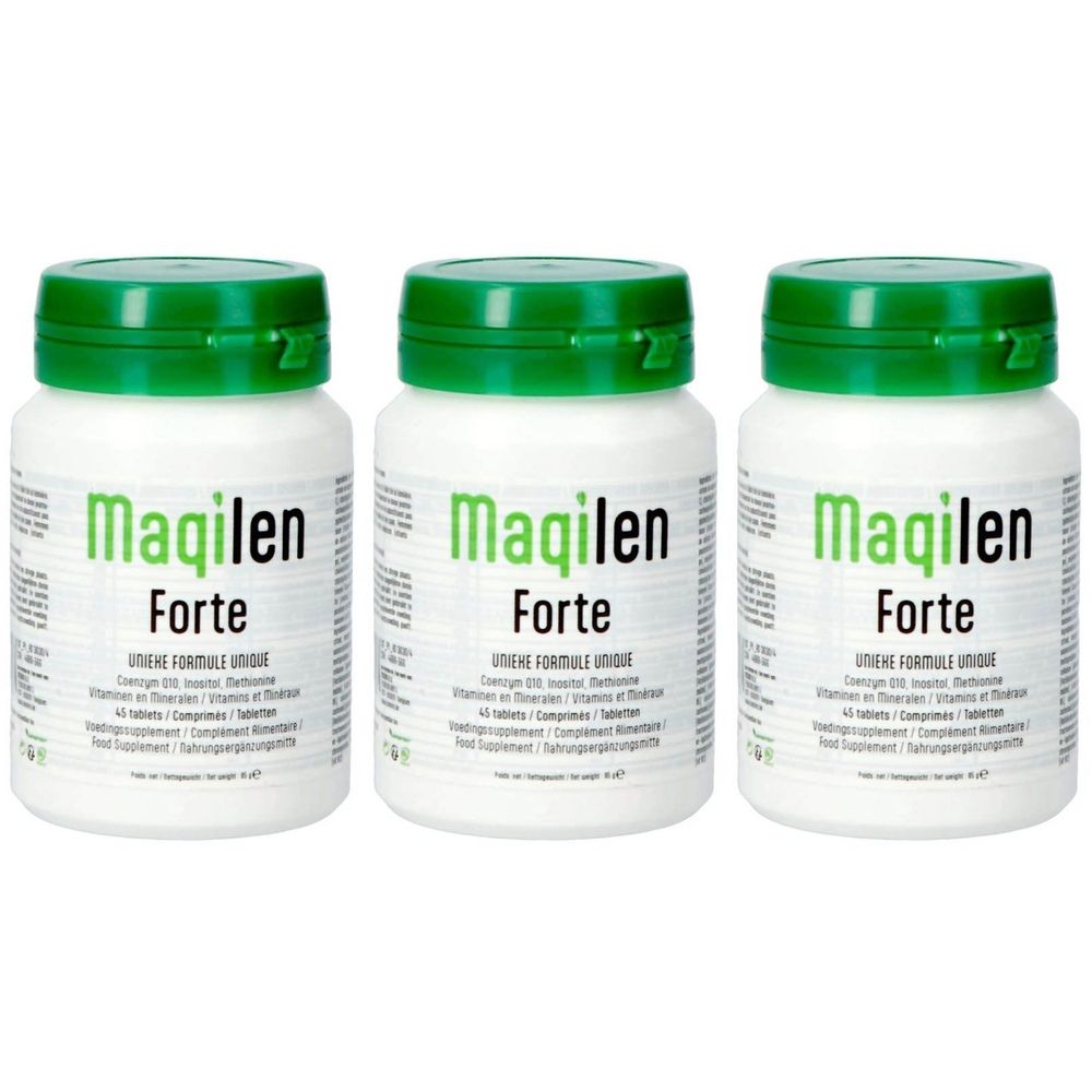 Trois flacons de Maqilen Forte. Flacons blancs avec bouchon vert. Inscription Maqilen Forte et autres informations.