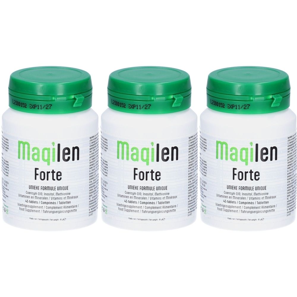 Trois flacons de Maqilen Forte. Flacons blancs avec bouchon vert. Inscription Maqilen Forte et autres informations.