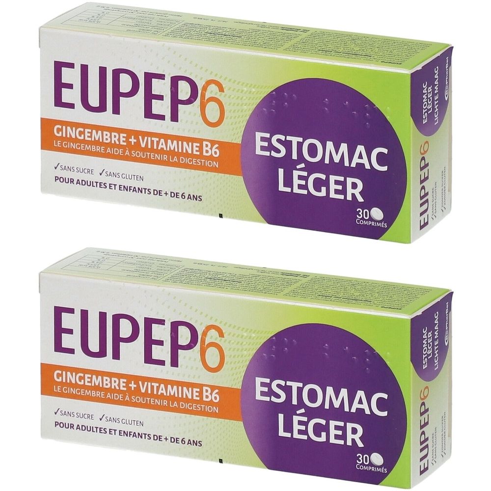 Deux boîtes de Eupep6. Inscription : Gingembre + Vitamine B6, pour adultes et enfants de + de 6 ans. Sur chaque boîte, « Estomac Léger ».