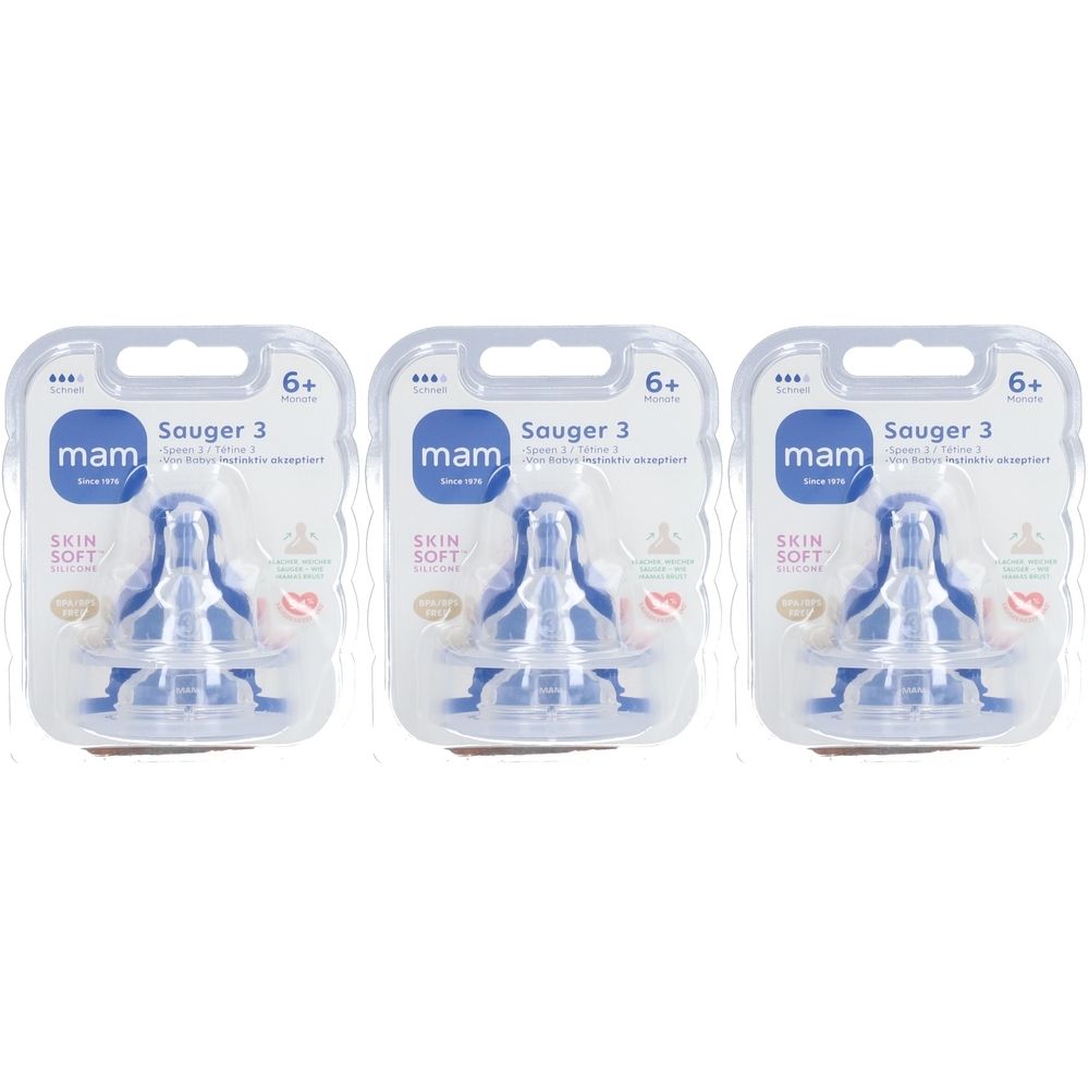 Trois tétines MAM Sauger 3 transparentes, emballées. Recommandé pour les 6 mois et plus. Inscription : SKIN SOFT.