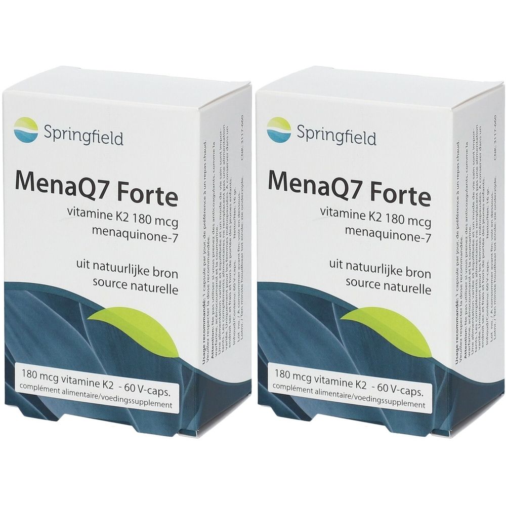 Deux boîtes de Springfield MenaQ7 Forte. Boîtes blanches avec informations produit. Contient 60 gélules.