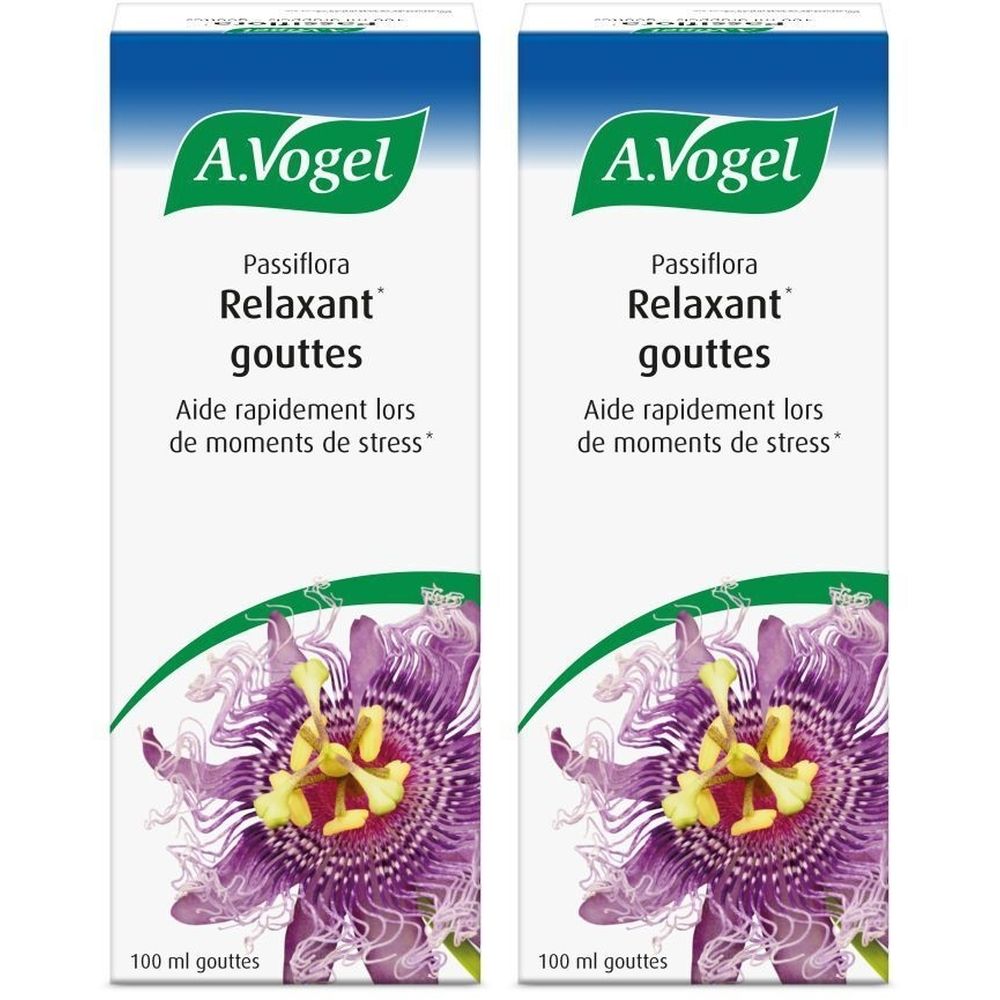 Deux boîtes A.Vogel Passiflora. Boîtes blanches avec nom du produit et illustration de fleur de la passion. Texte: Relaxant, gouttes.