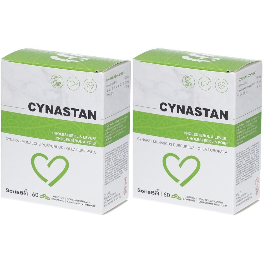 Deux boîtes de Cynastan. Emballage blanc et vert. Inscription Cynastan, Soria Natural, 60 comprimés.