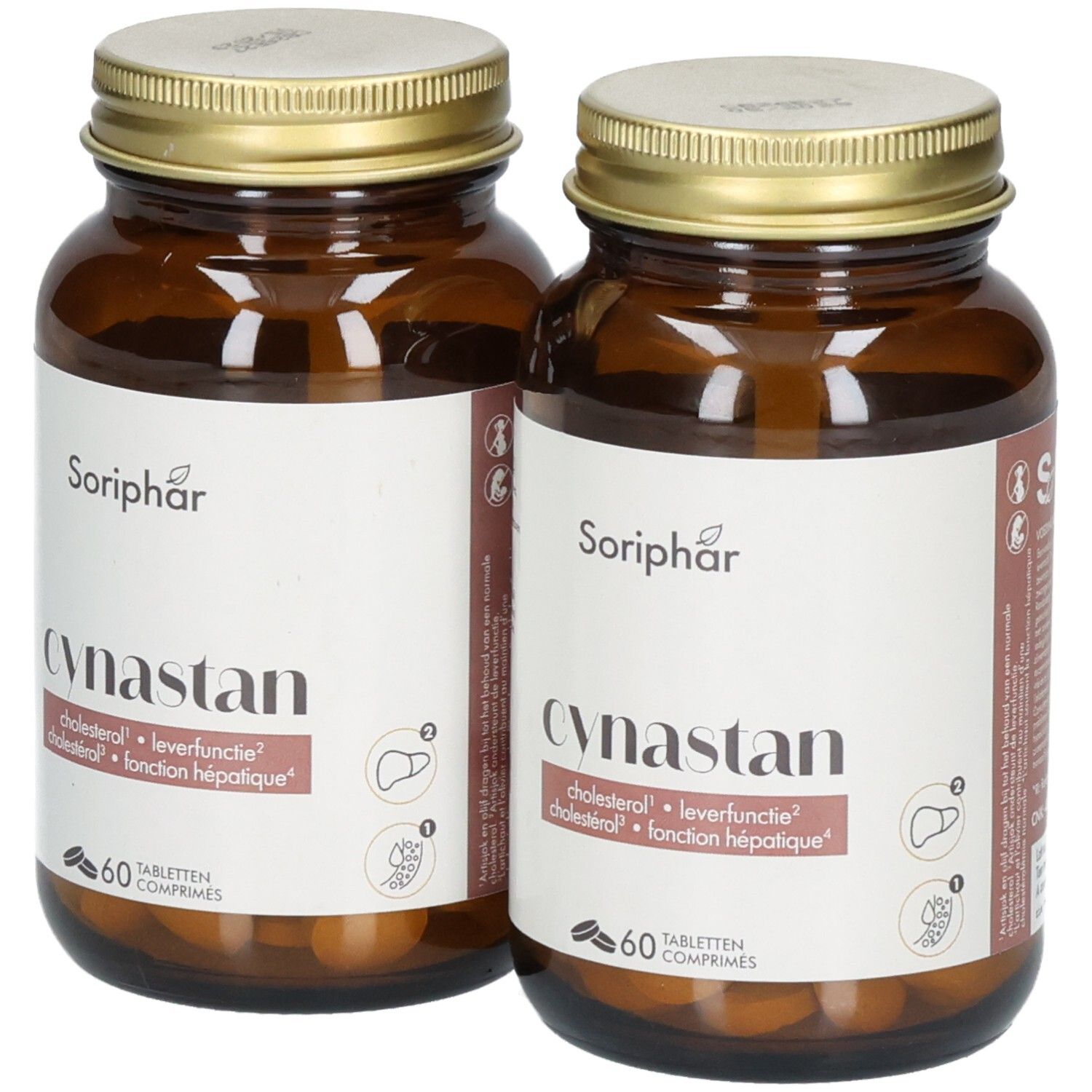 Deux flacons Soria Natural Cynastan, 60 comprimés. L'étiquette indique 'cholesterol' et 'fonction hépatique'.