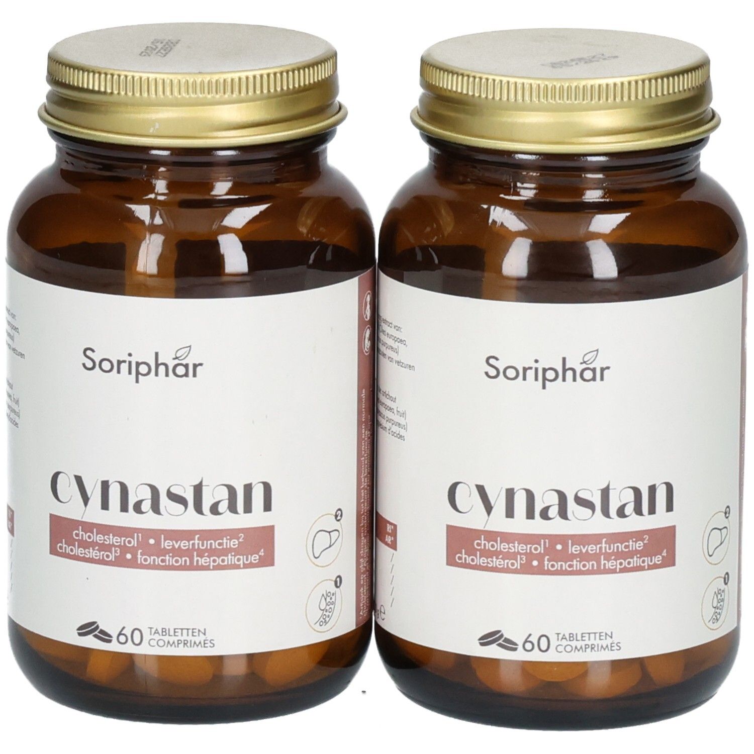 Gros plan de l'arrière d'un flacon Soria Natural Cynastan avec informations nutritionnelles et sceaux.