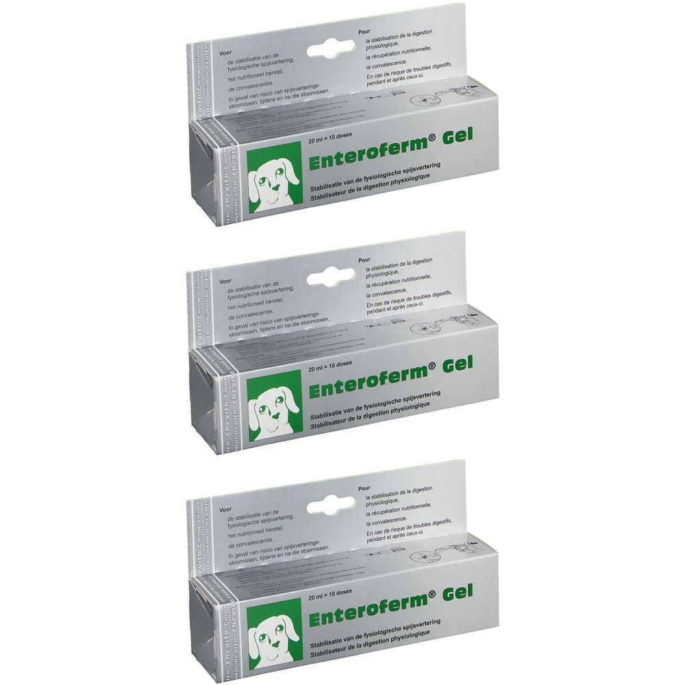 Trois boîtes de Enteroferm® Gel Chien. Emballage argenté avec nom du produit et dessin de chien. Texte multilingue.