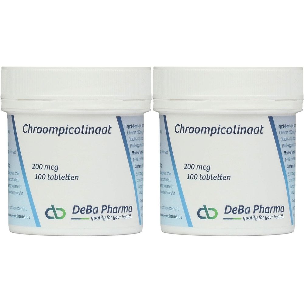 Deux pots blancs avec l'inscription "Chroompicolinaat 200 mcg 100 tabletten". Marque : DeBa Pharma.