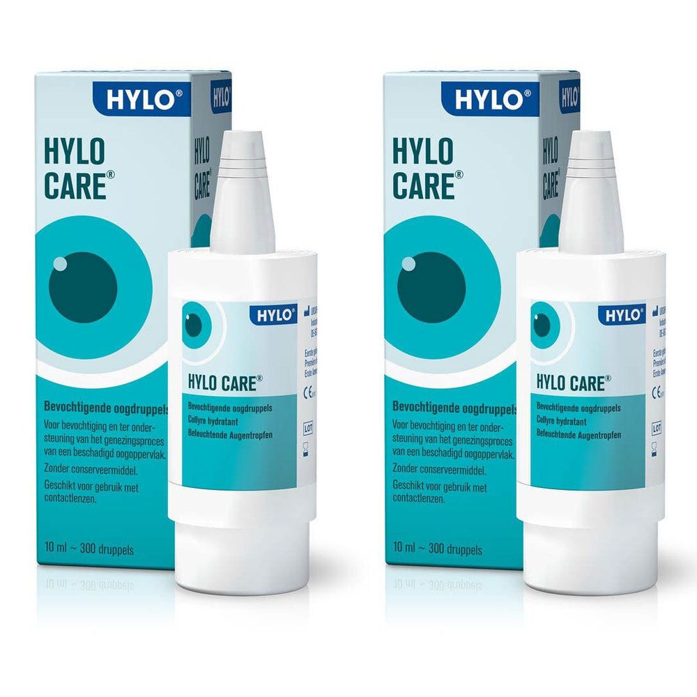 Deux flacons et emballages Hylo Care. Flacons blancs avec étiquette bleue. Emballage bleu avec logo et nom du produit.