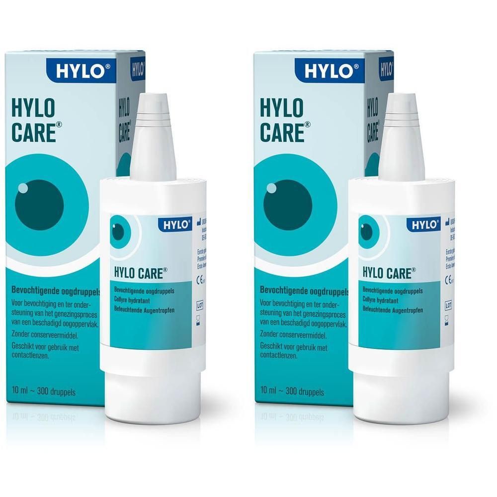 Deux flacons et emballages Hylo Care. Flacons blancs avec étiquette bleue. Emballage bleu avec logo et nom du produit.