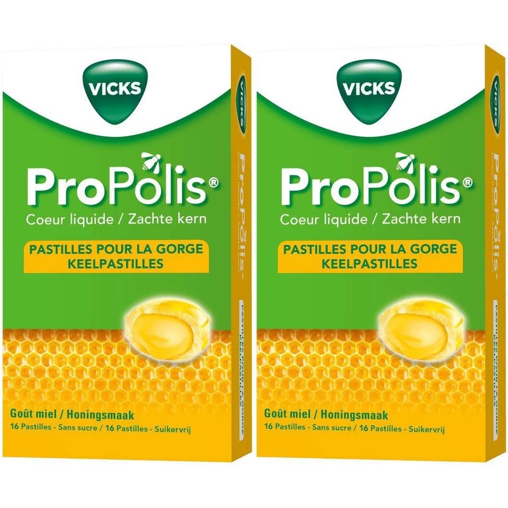 Deux boîtes de Vicks ProPólis. Vert et jaune. Inscription: Pastilles pour la gorge, 16 pastilles, goût miel.