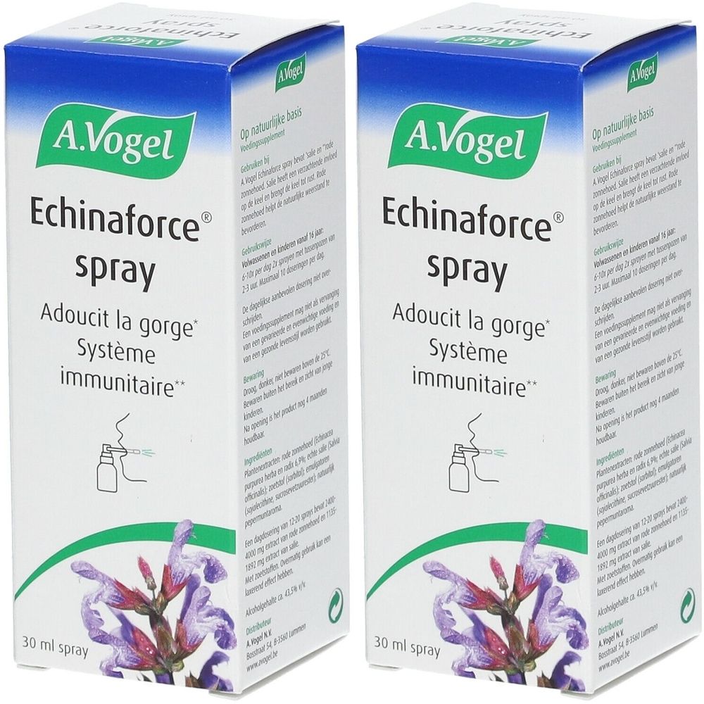 Deux boîtes de spray A.Vogel Echinforce. Boîtes blanches avec des accents verts et bleus. Nom du produit et logo visibles.