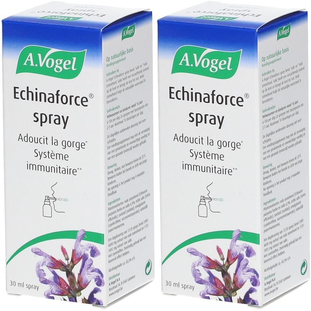 Deux boîtes de spray A.Vogel Echinforce. Boîtes blanches avec des accents verts et bleus. Nom du produit et logo visibles.