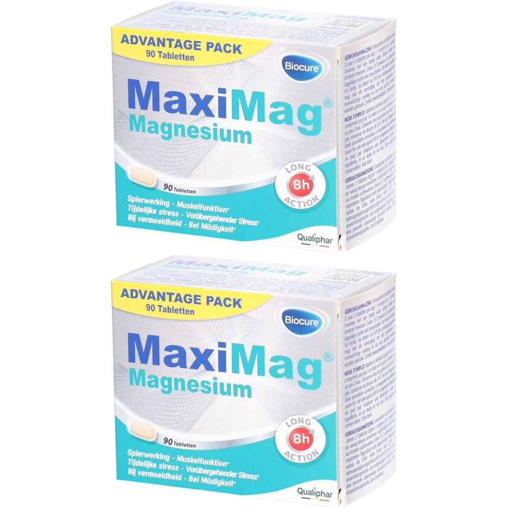 Deux boîtes de MaxiMag Magnesium. Boîtes blanches avec texte bleu-vert. Inscription: Advantage Pack, 90 comprimés, Biocure.