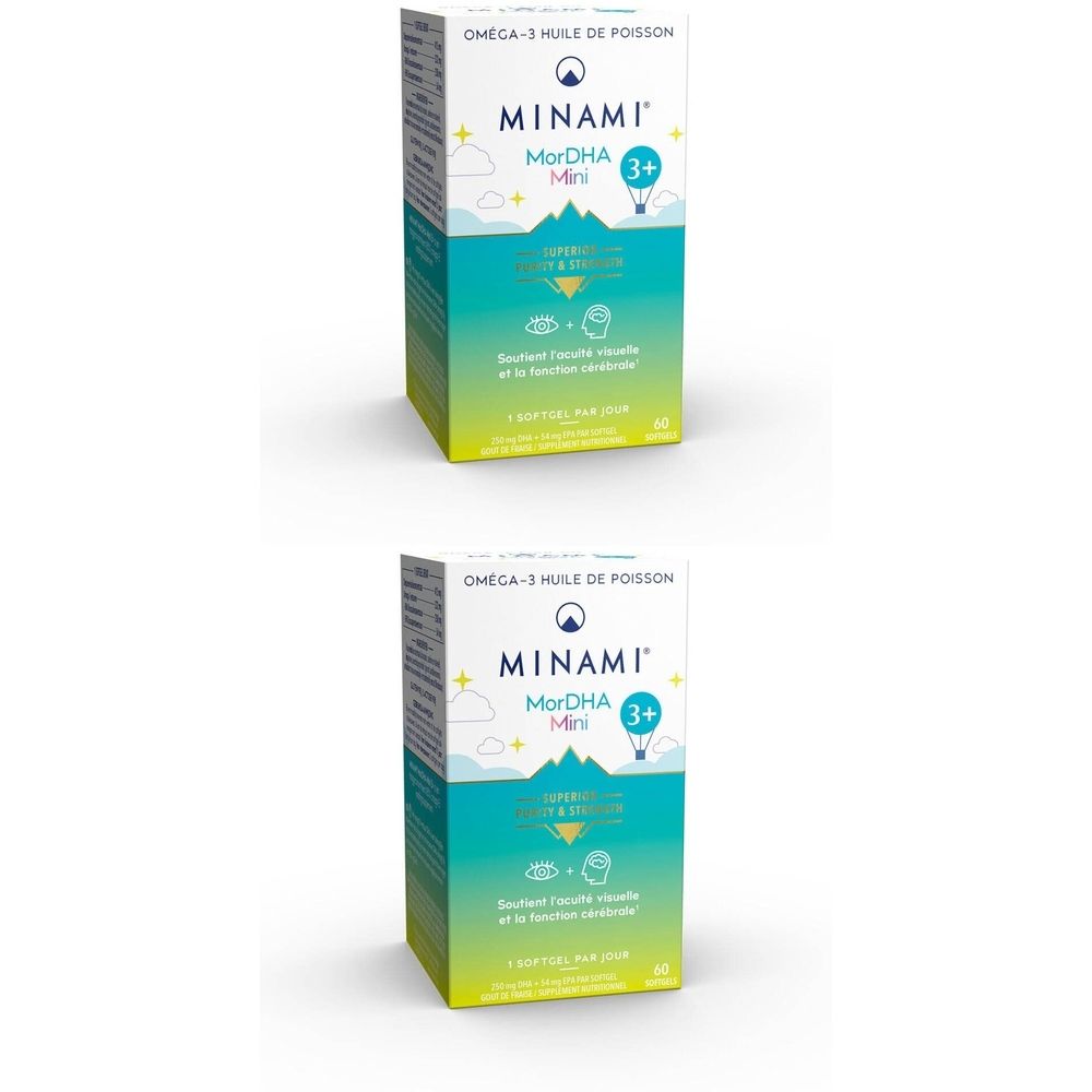 Deux boîtes de MorDHA® MINI 3+ OMEGA-3 Huile de poisson. Emballage vert et jaune avec nom et logo du produit. Contient de l'huile de poisson.
