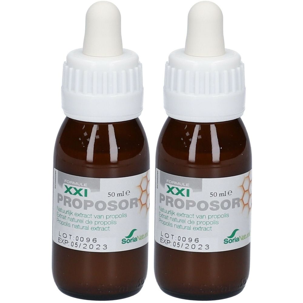 Deux flacons de Soria Natural Proposor XXI. Flacons en verre brun avec compte-gouttes. Étiquette avec informations.