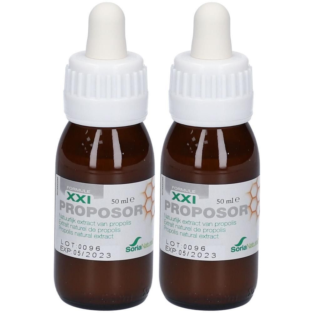Deux flacons de Soria Natural Proposor XXI. Flacons en verre brun avec compte-gouttes. Étiquette avec informations.