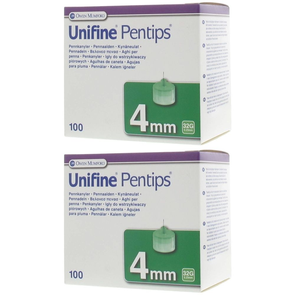 Deux boîtes de Unifine Pentips. Inscription : 4mm, 32G, 100 pièces. Boîte blanche et violette avec aiguilles vertes.