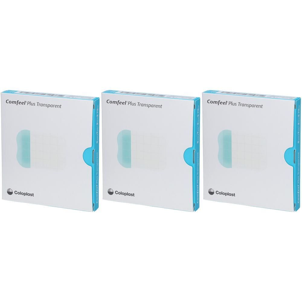 Trois boîtes de Coloplast Comfeel Plus Transparent. Emballage blanc avec accent bleu. Nom du produit et logo visibles.
