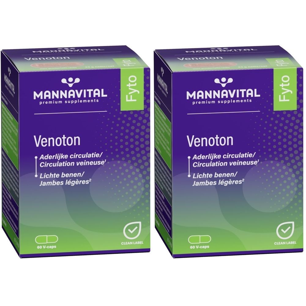 Deux boîtes de Mannavital Venoton. Emballage violet et vert avec nom et logo du produit. Contient 60 gélules.