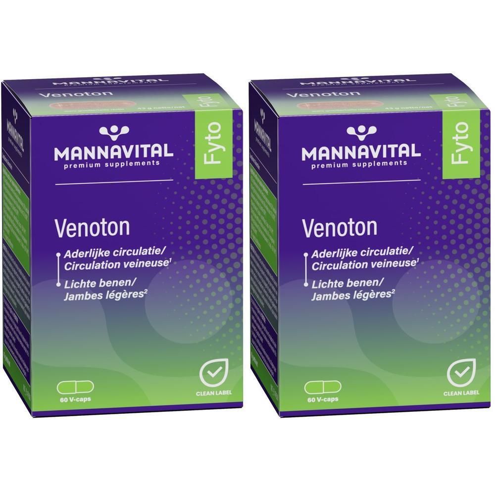 Deux boîtes de Mannavital Venoton. Emballage violet et vert avec nom et logo du produit. Contient 60 gélules.