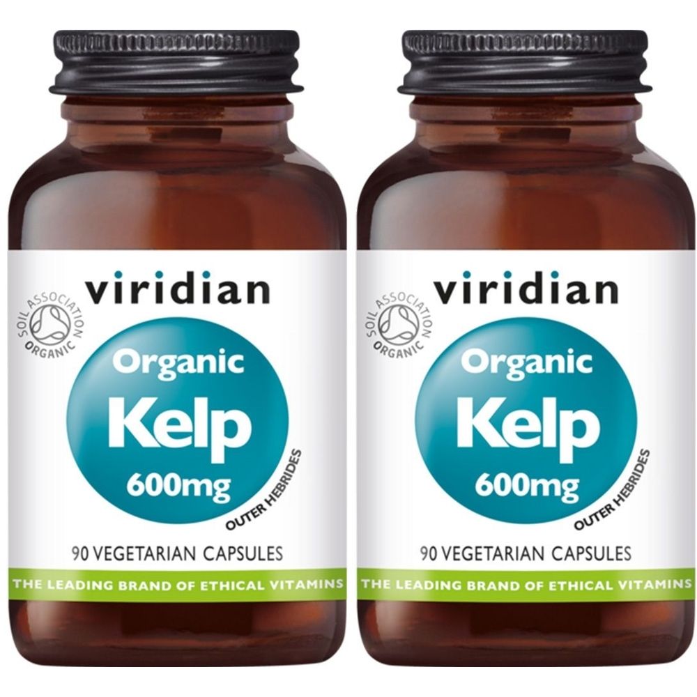 Deux flacons de Viridian Organic Kelp. Bouteilles en verre brun avec des couvercles noirs et des étiquettes blanches. Inscription : Organic Kelp 600mg.