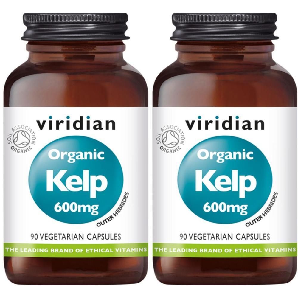 Deux flacons de Viridian Organic Kelp. Bouteilles en verre brun avec des couvercles noirs et des étiquettes blanches. Inscription : Organic Kelp 600mg.