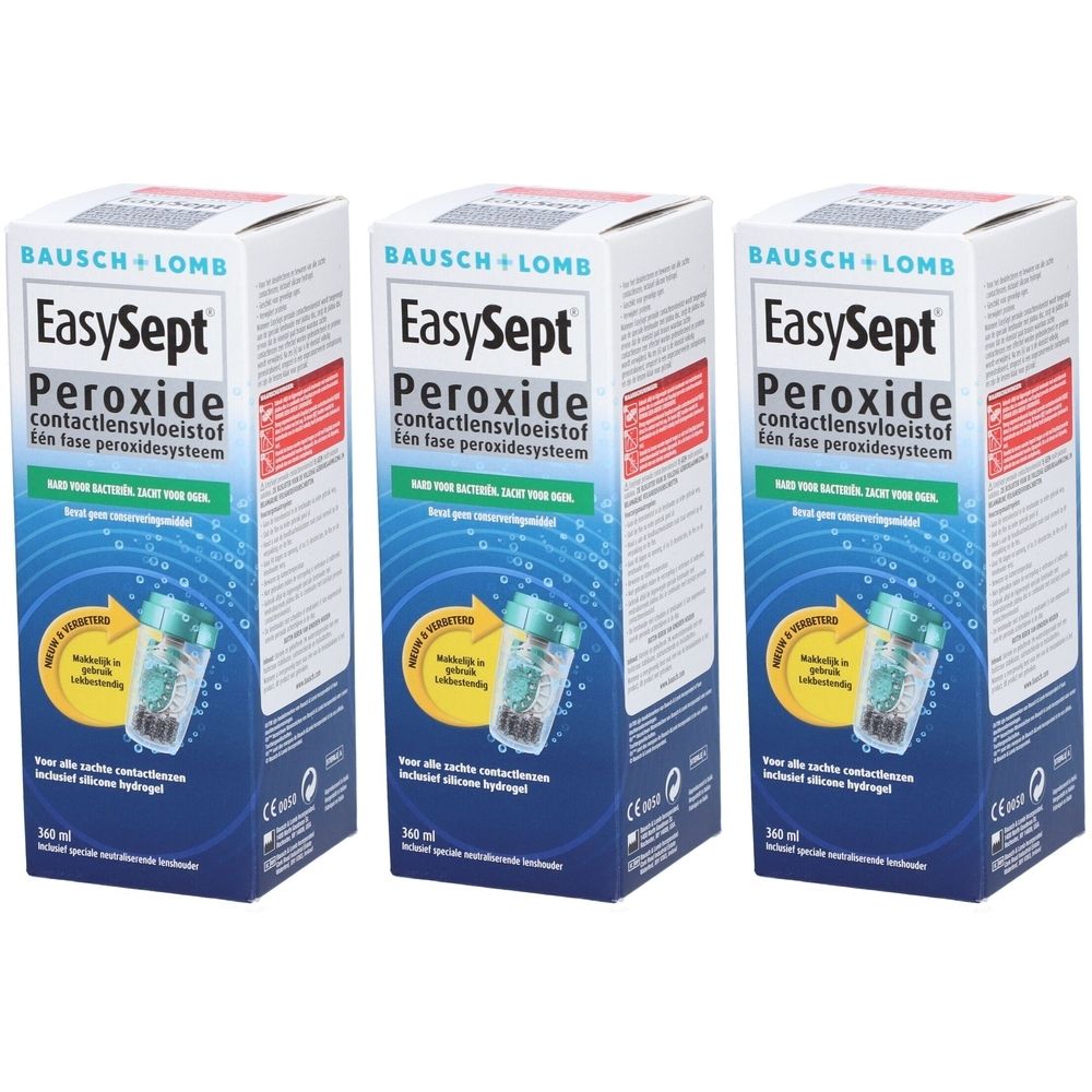 Trois boîtes de solution EasySept Peroxide. Emballage blanc et bleu avec le nom du produit et le logo.