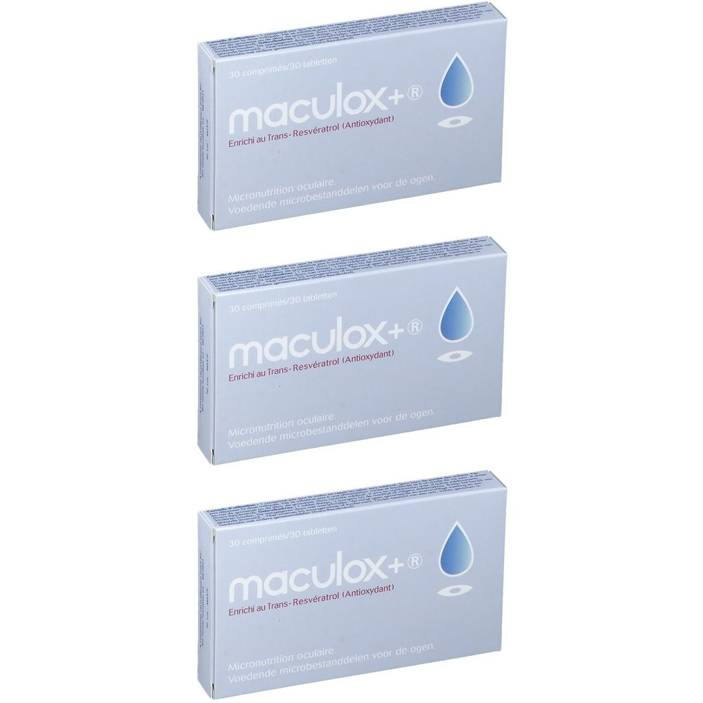 Trois boîtes de "maculox+". Chaque boîte présente un symbole de goutte. Texte en allemand et en néerlandais.