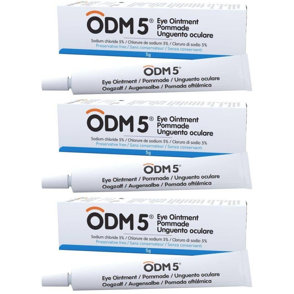 Plusieurs tubes et boîtes de pommade ophtalmique ODM5®. Inscription : Eye Ointment, Pommade, Unguento oculare. 5g.