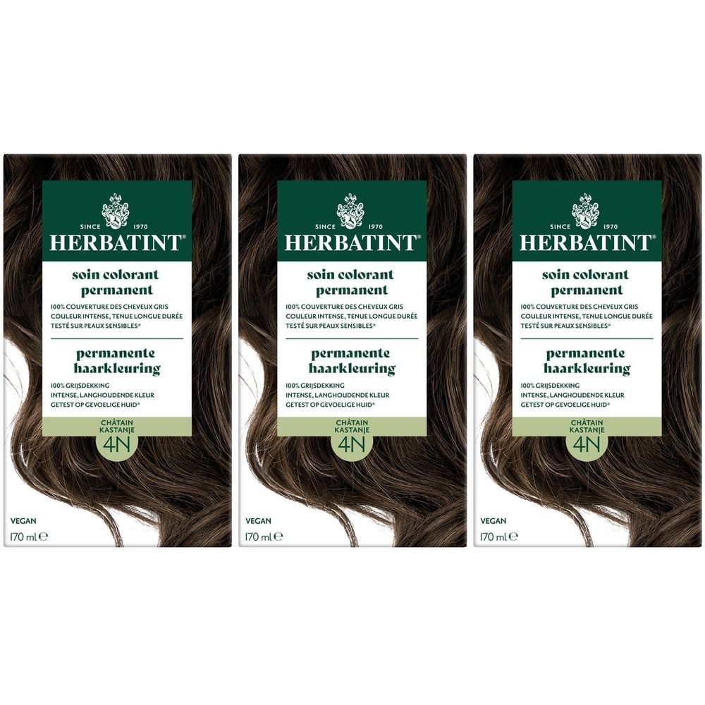 Trois boîtes de Herbatint soin colorant permanent 4N châtain. Texte vert et blanc, cheveux bruns représentés.