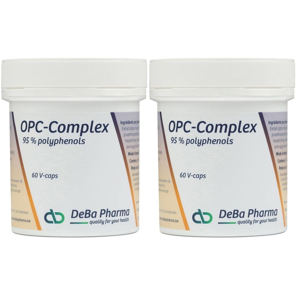 Deux pots blancs avec l'inscription OPC-Complex, 95% polyphénols, 60 V-capsules. Logo DeBa Pharma.