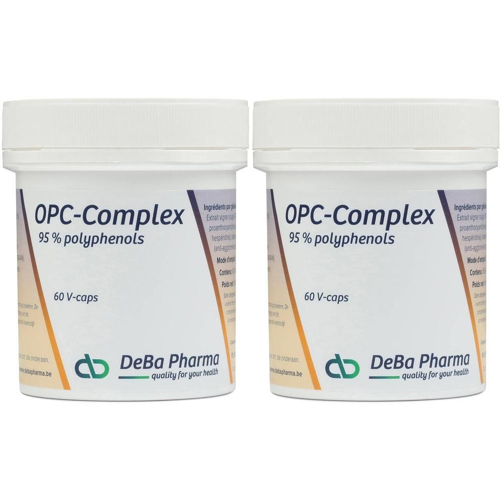 Deux pots blancs avec l'inscription OPC-Complex, 95% polyphénols, 60 V-capsules. Logo DeBa Pharma.