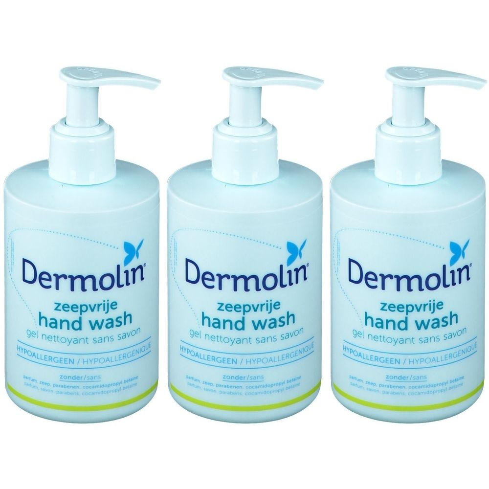 Trois flacons de Dermolin Hand Wash. Flacons bleu clair avec pompe. Texte: zeepvrije hand wash, gel nettoyant sans savon.