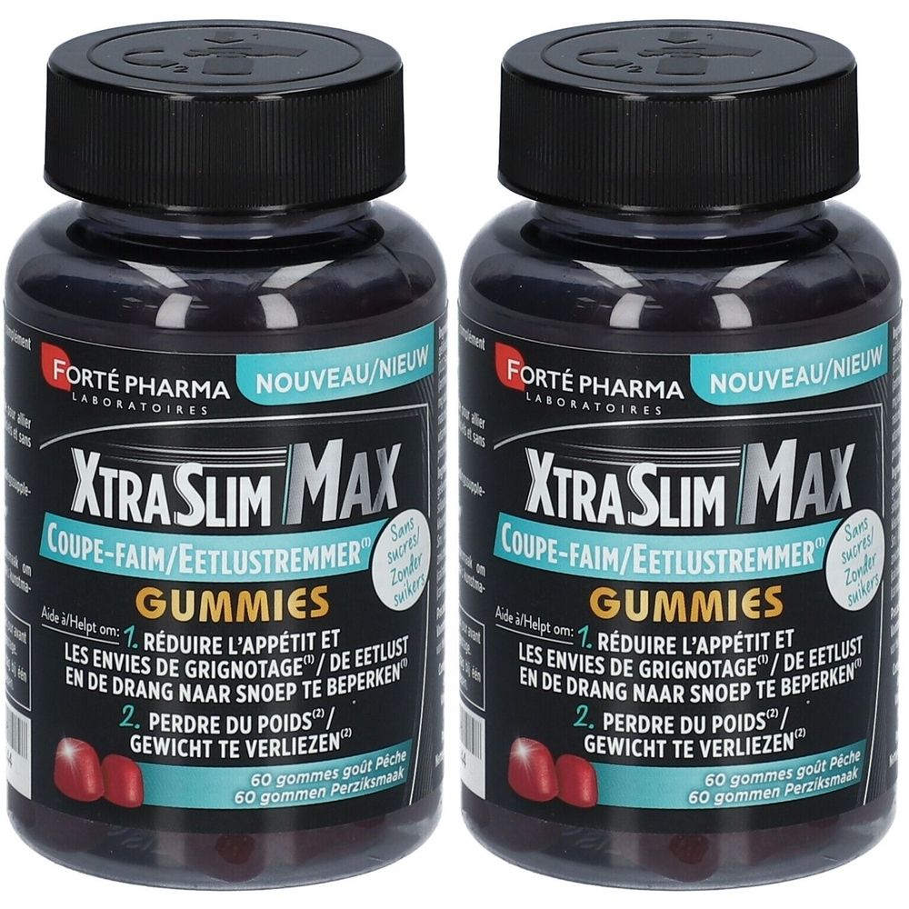 Deux flacons de FORTE PHARMA Xtra Slim Max Coupe-Faim Gummibärchen. Bouchons noirs, étiquettes avec informations. 60 gommes par flacon.